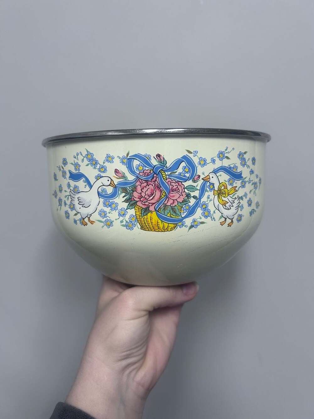 Vintage Enamelware Mixing Bowl Goose and Floral Pattern